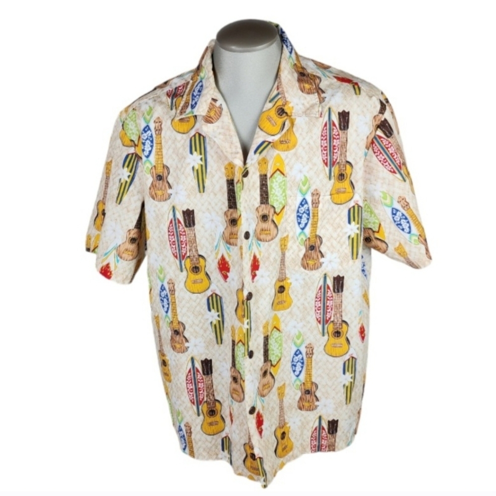 Vintage Hawaiian Camp Shirt Button Front Ukulele Surfboard Cream Size XXL